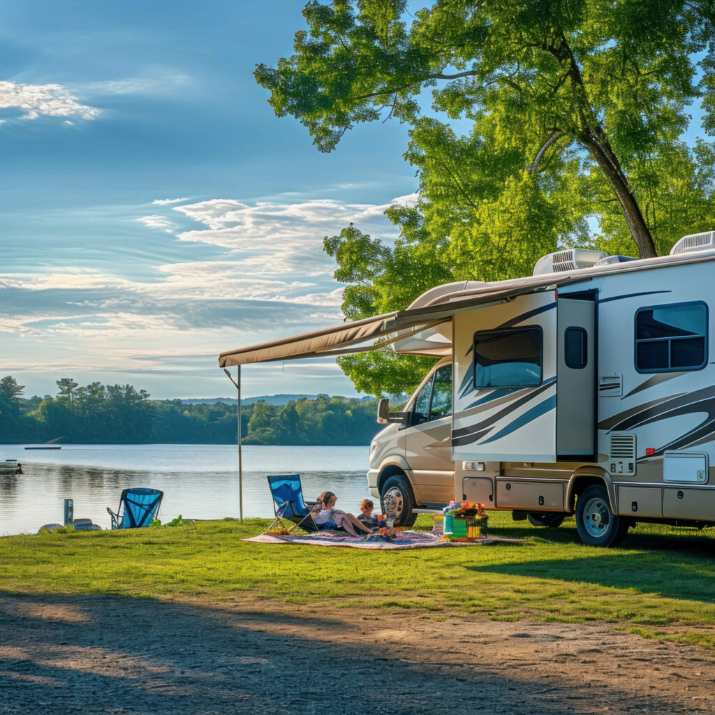 motorhome with wind out awning next to lake