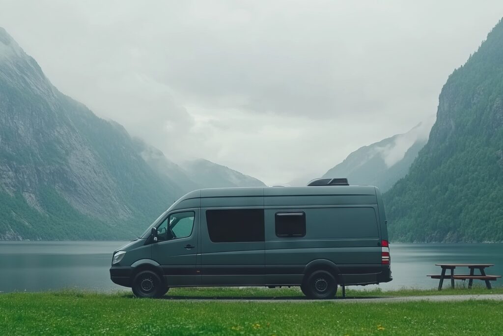 a motorhome parked in front of a lake surrounded by mountains in the middle of scotland